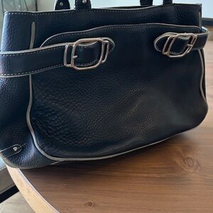 Cole Haan Black Leather Shoulder Bag with White Trim and Silver Buckles